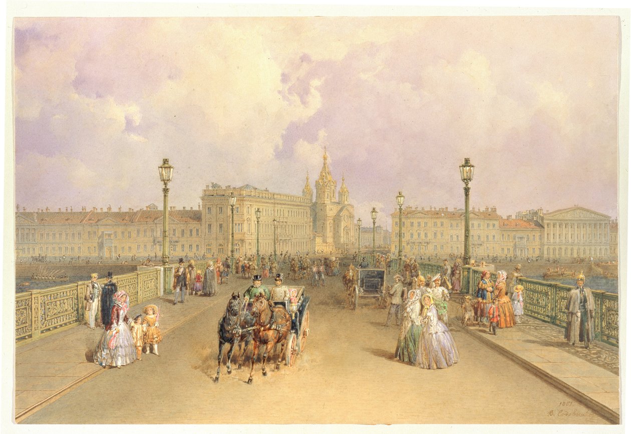 Vista del Puente Blagoveshchensky en San Petersburgo de Vasili Semenovich Sadovnikov