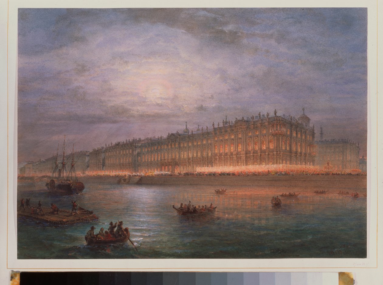 Vista nocturna del Palacio de Invierno (San Petersburgo). Obra de Vasily Semyonovich Sadovnikov (1800-1879), acuarela sobre papel. Arte ruso del siglo XIX. Hermitage estatal, San Petersburgo. de Vasili Semenovich Sadovnikov