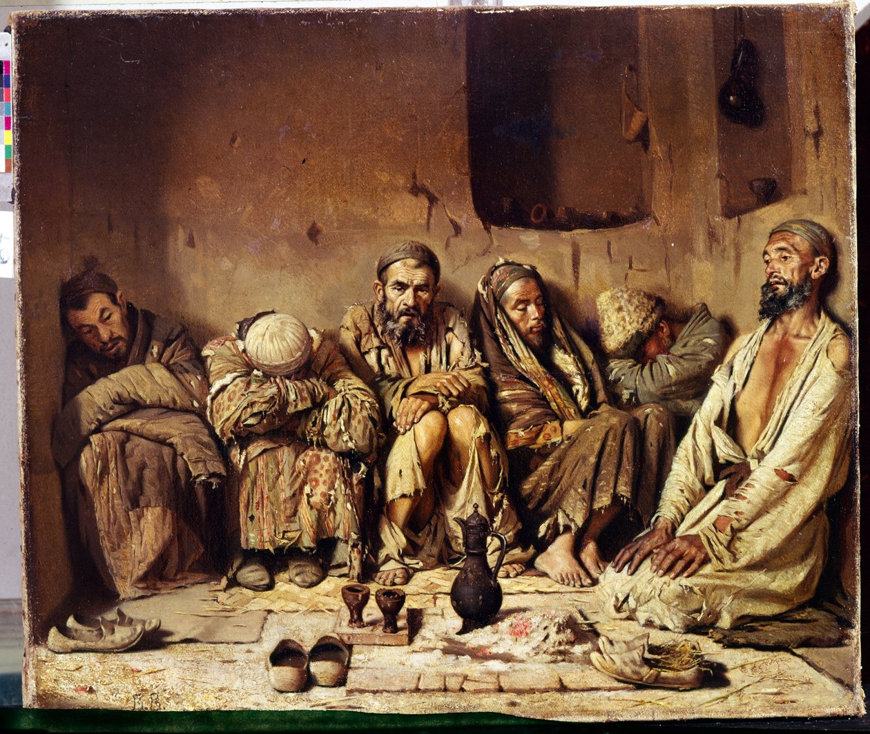 Orientalismo: fumadores de opio sentados en una calle de Oriente Medio (Los fumadores de opio). Pintura de Vasili Vasilyevich Vereschagin (Vereshchagin, Vereshchagin) (1842-1904) de Vasili Vasilievich Vereshchagin