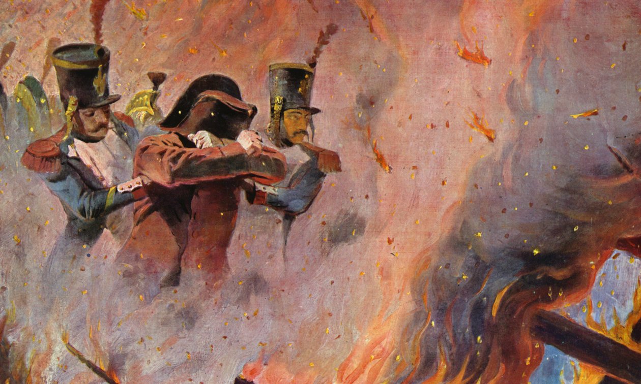 Soldados guían a Napoleón Bonaparte a través del fuego en Moscú (litografía en color) de Vasili Vasilievich Vereshchagin