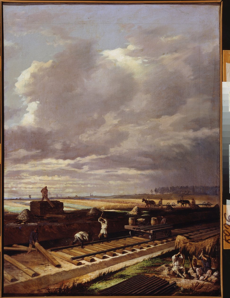 Trabajos de construcción en una línea ferroviaria - Pintura de Vasili Vladimirovich Pukirev (Vassili Poukirev) (1832-1890), óleo sobre lienzo de Vasili Vladimirovits Pukirev