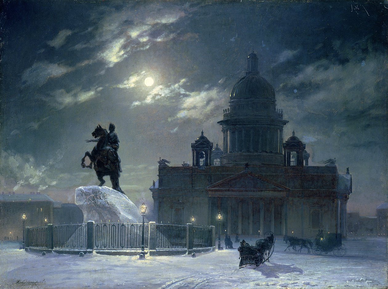 Vista del monumento a Pedro el Grande en la Plaza del Senado, San Petersburgo, 1870 de Vasilij Ivanovic Surikov