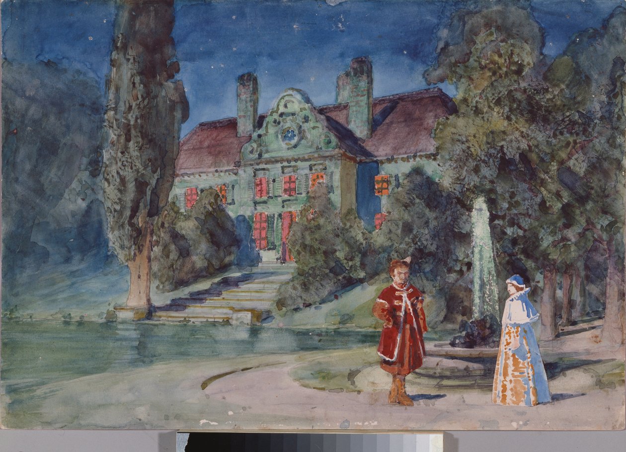 Decoración preparatoria, un jardín frente a una casa, para la ópera ""Boris Godounov"" de Modeste Moussorgsky (1839-1881) - Escenografía para la ópera Boris Godunov de Modeste Musorgsky - Obra de Vasili Dmitrievich Polenov (1844-1927) , acuarela y gouache  de Vasilij Dmitrievich Polenov