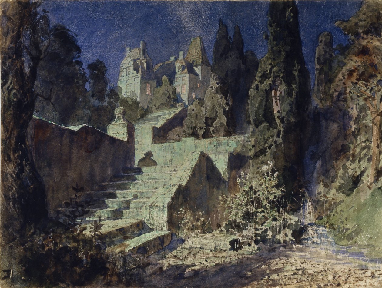 Diseño de escenario para la ópera La rosa escarlata de N. Krotkov, 1884 de Vasilij Dmitrievich Polenov