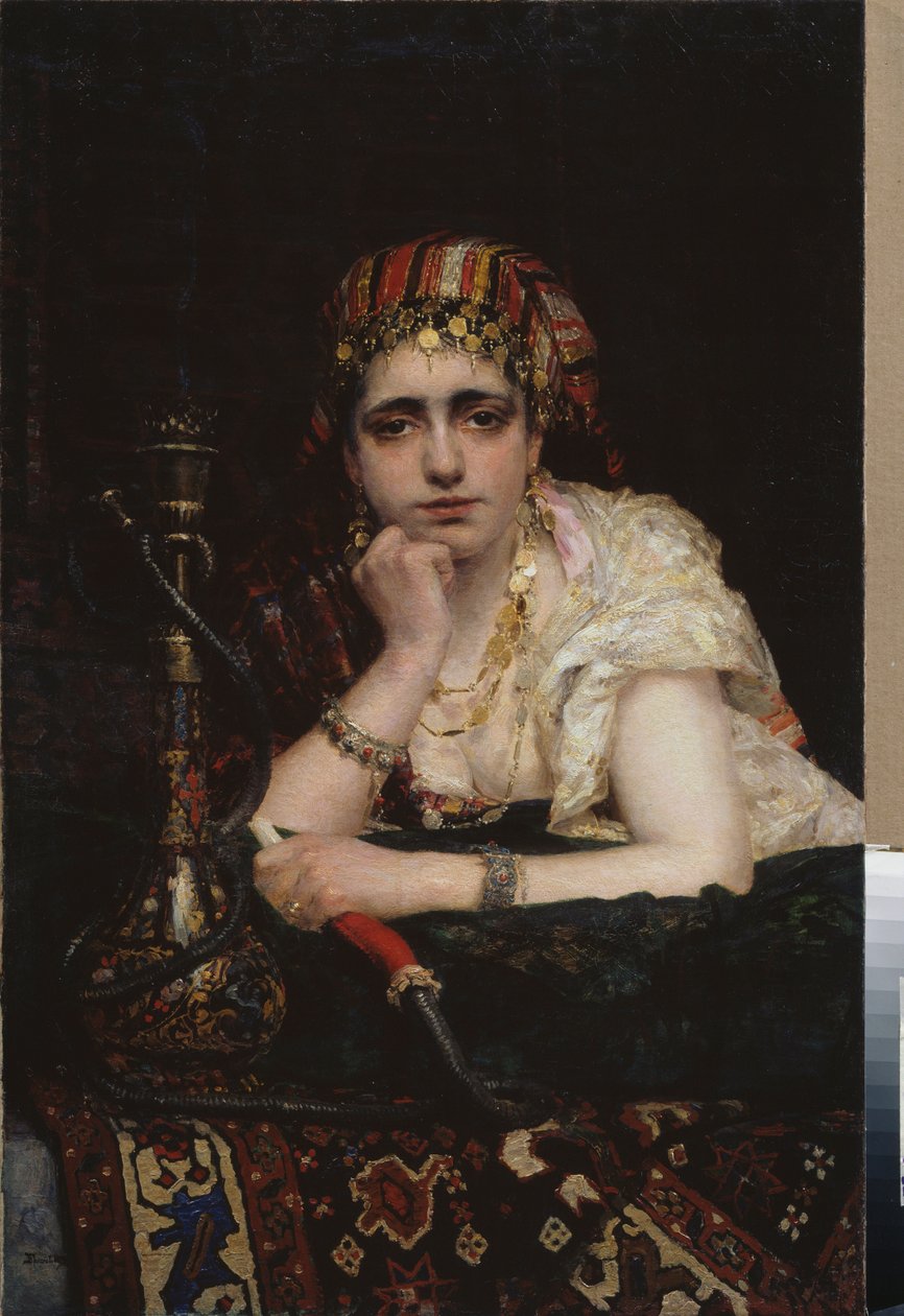 Una odalisca. (Retrato de mujer de harén, de mirada melancólica, sosteniendo un narguile). Pintura de Vasili Dmitrievich Polenov (1844-1927), óleo sobre lienzo. Arte ruso del siglo XIX, orientalismo. Museo Nacional de Arte de la República Bielorrusa, Minsk de Vasilij Dmitrievich Polenov