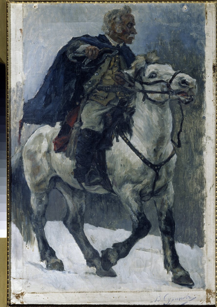 Alexander Suvorov (1729-1800) a caballo. (Alexander Suvorov a caballo). Se describe al héroe ruso cruzando los Alpes, al frente de las tropas rusas, durante la campaña de Italia (1799-1800). Pintura de Vasilli Ivanovich Surikov (Vasily Surik de Vasilij Ivanovic Surikov