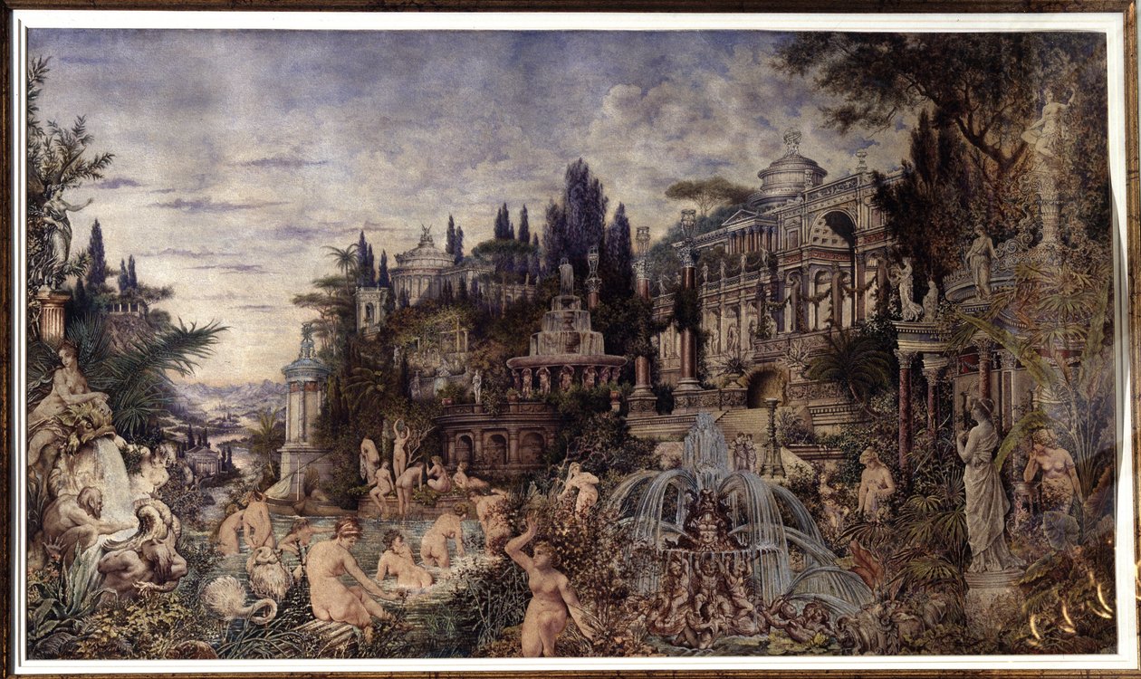 Una Orgía. Una escena de celebración frente a los antiguos palacios romanos, reuniendo un cortejo dionisíaco de sátiros y bacantes, en escenas de baño. Obra de Vasily (Vasily, Vasily, Wilhelm) Alexandrovich Kotarbinsky (Kotarbinski, Kot de Vasily Alexandrovich Kotarbinsky