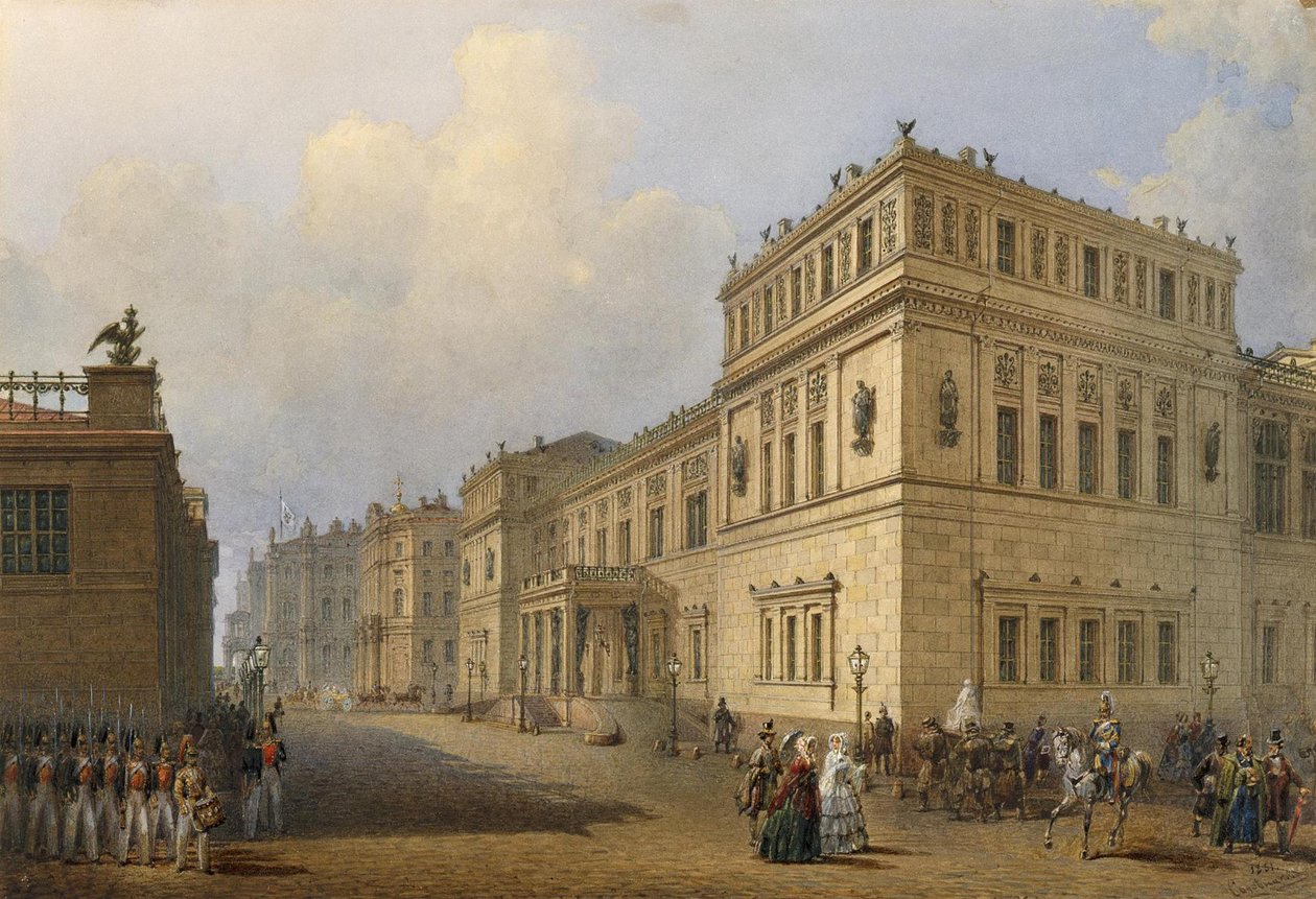 Vista del Nuevo Hermitage a través de la calle Millionnaya de Vasily Semyonovich Sadonikov