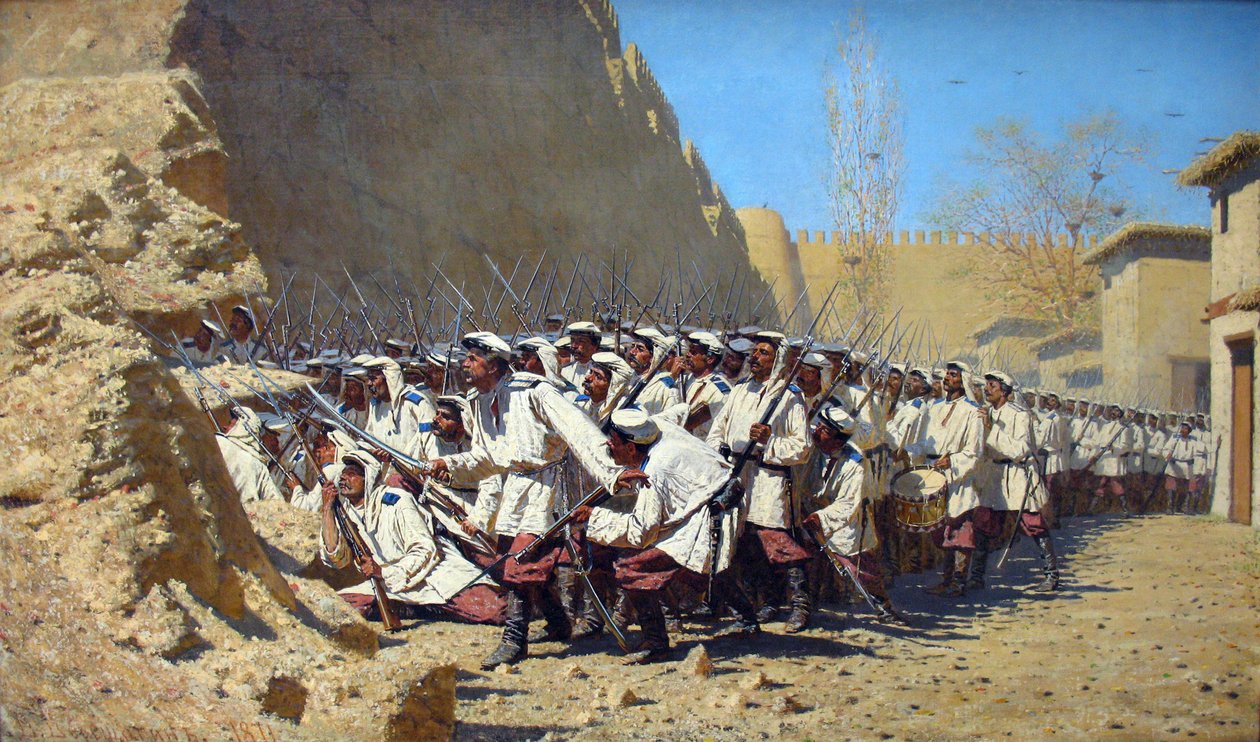Ruso: "Junto al Muro de la Fortaleza. "Déjenlos entrar." Por el Muro de la Fortaleza. "Déjenlos entrar." de Vasily Vereshchagin