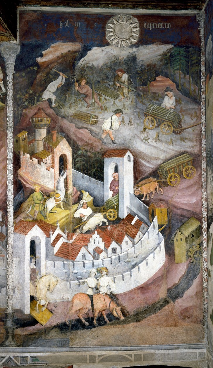 Diciembre: los leñadores recogen la madera y la llevan a la ciudad de Trento donde se representan la muralla y el castillo de Buonconsiglio. de Venceslao Maestro