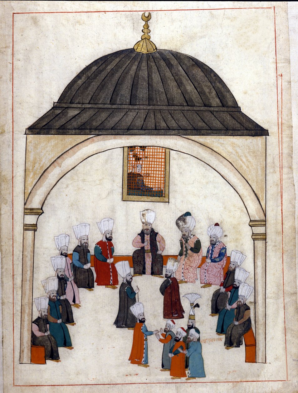 Administración bajo el Imperio Otomano: una audiencia presidida por el Gran Visir. Miniatura de "Memoriales Turcos" (códice Cicogna 1971 "Memorie Turchesche") Acuarela de la escuela veneciana del siglo XVII. de Venetian School