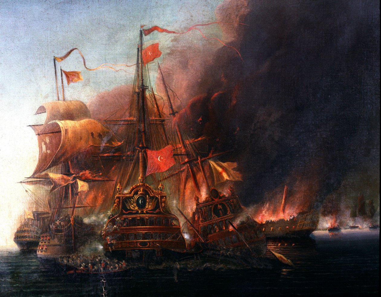 Batalla entre las flotas otomanas y las flotas venecianas frente a Famagusta durante el asedio de Chipre en 1570. Pintura de la escuela veneciana del siglo XVI. Estambul, Museo Naval de Venetian School