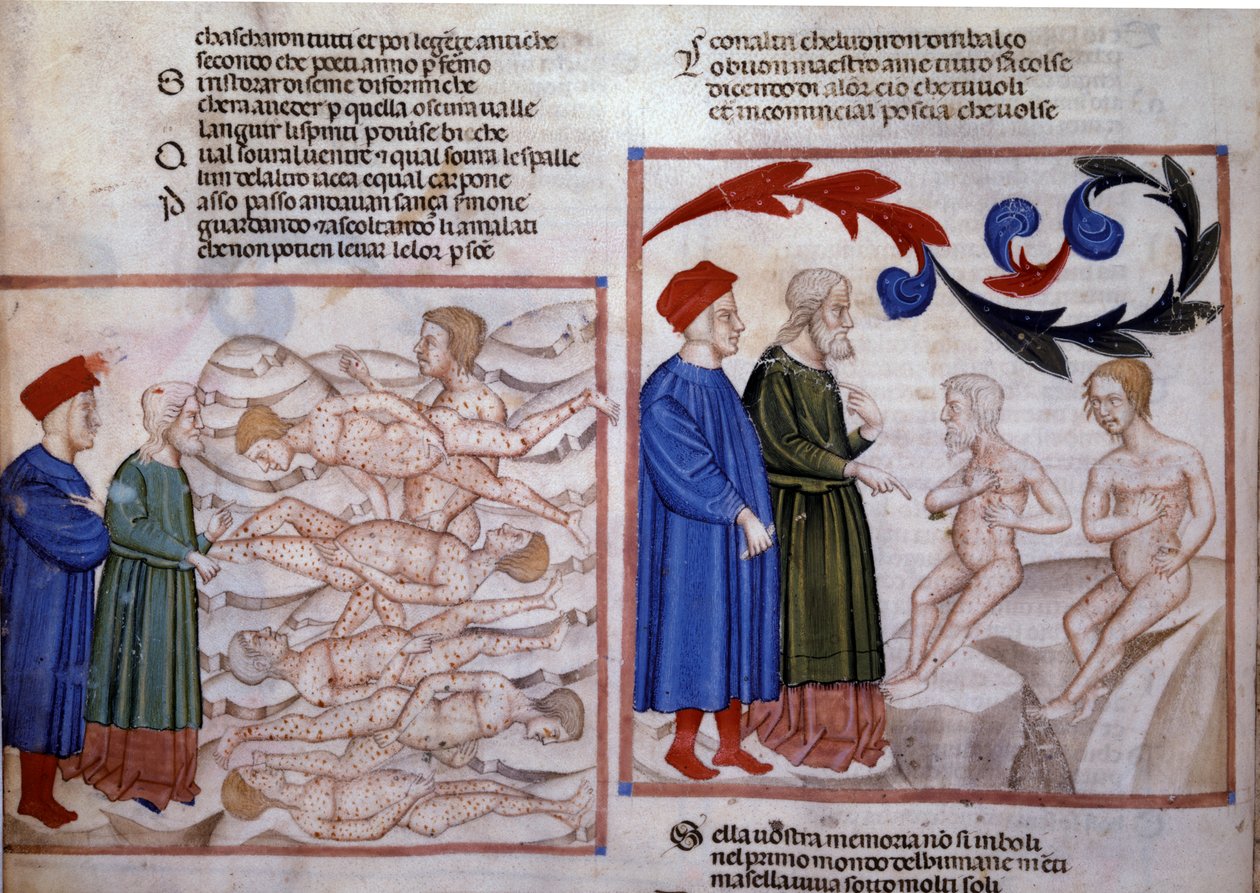 Dante y Virgilio en conversación con Grifolino de Arezzo y Capocchio de Siena. Siglo XIV (miniatura) de Venetian School