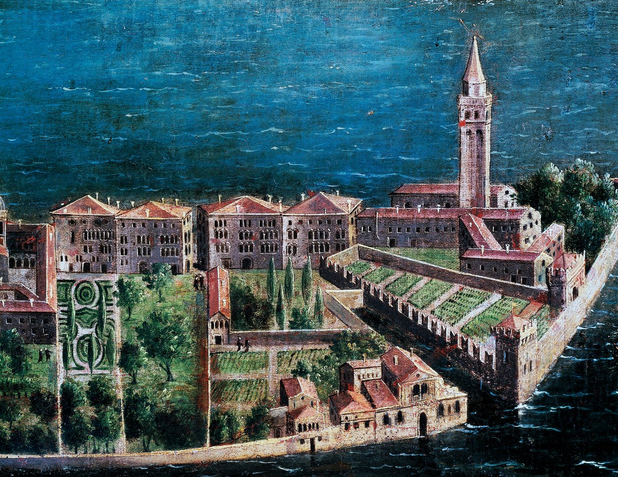 Jardín junto a la Iglesia del Redentor, detalle de vista aérea de Venecia, pintura de la escuela veneciana, Italia de Venetian School