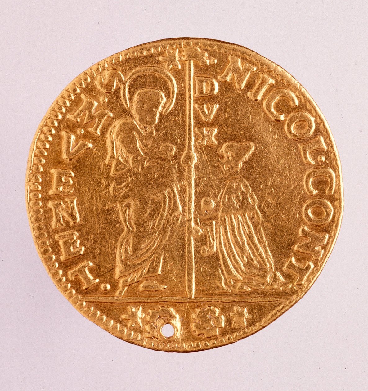 Moneda de oro (zecchino o sequin) de la República de Venecia: reinado del dogo Nicolo Contarini de Venetian School