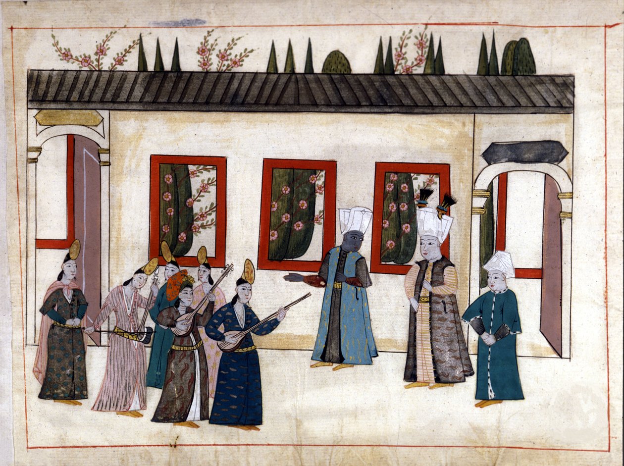 El sultán visita a la favorita con la madre y el jefe de los eunucos. Miniatura de “Memorias Turcas” (códice Cicogna 1971 “Memorie Turchesche”) Acuarela de la escuela veneciana del siglo XVII. de Venetian School