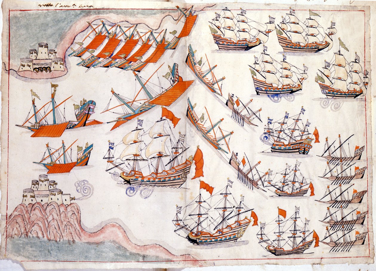 Guerra entre Venecia y el Imperio Otomano: Batalla de los Dardanelos que vio la victoria del capitán veneciano Lorenzo Marcello en 1655 de Venetian School