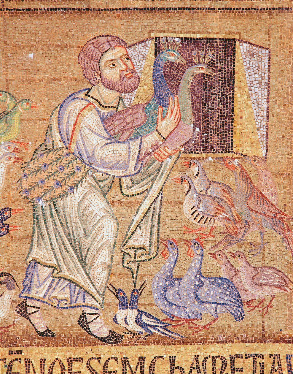 El Diluvio, del Atrio, detalle de Noé poniendo pavos reales en el arca de Byzantine School