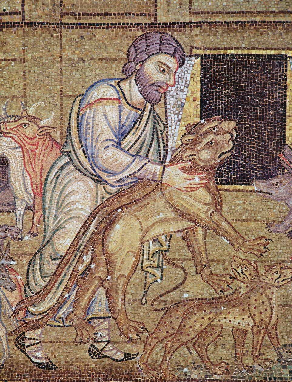 El diluvio, del Atrio, detalle de Noé poniendo animales salvajes en el arca (mosaico) (detalle) de Byzantine School
