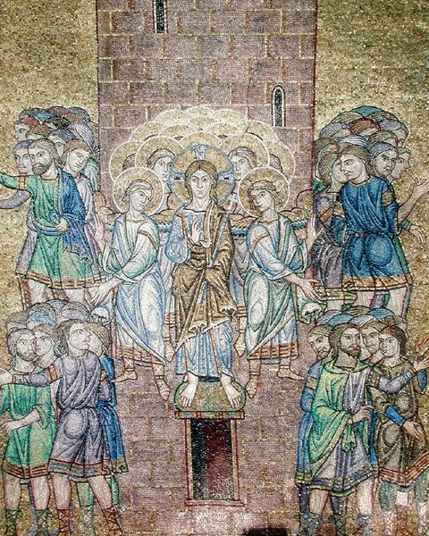 La Torre de Babel, detalle de Cristo y santos dispersando a los trabajadores de Byzantine School