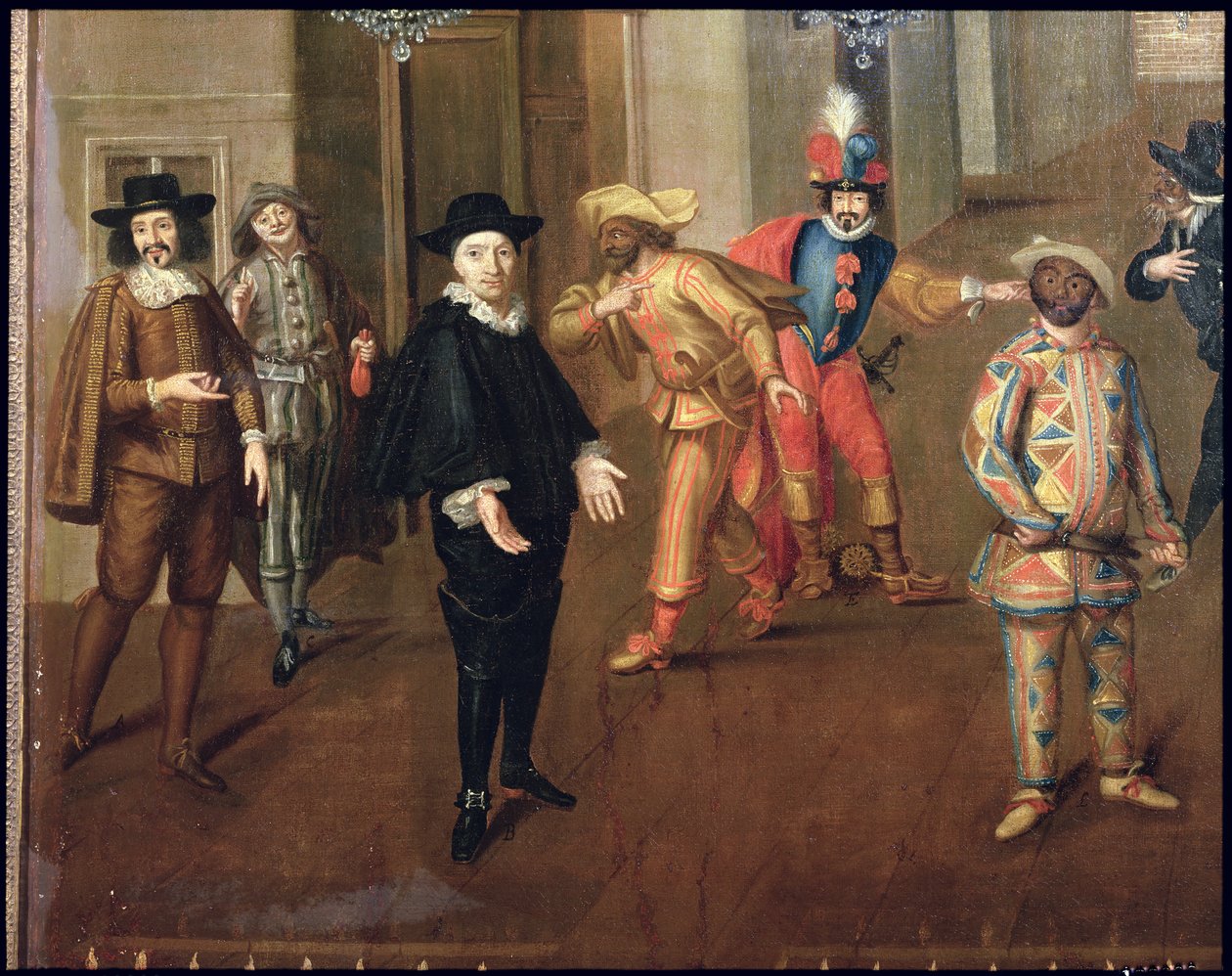 Comediantes italianos y franceses actuando en farsas, 1670 (detalle) de Verio