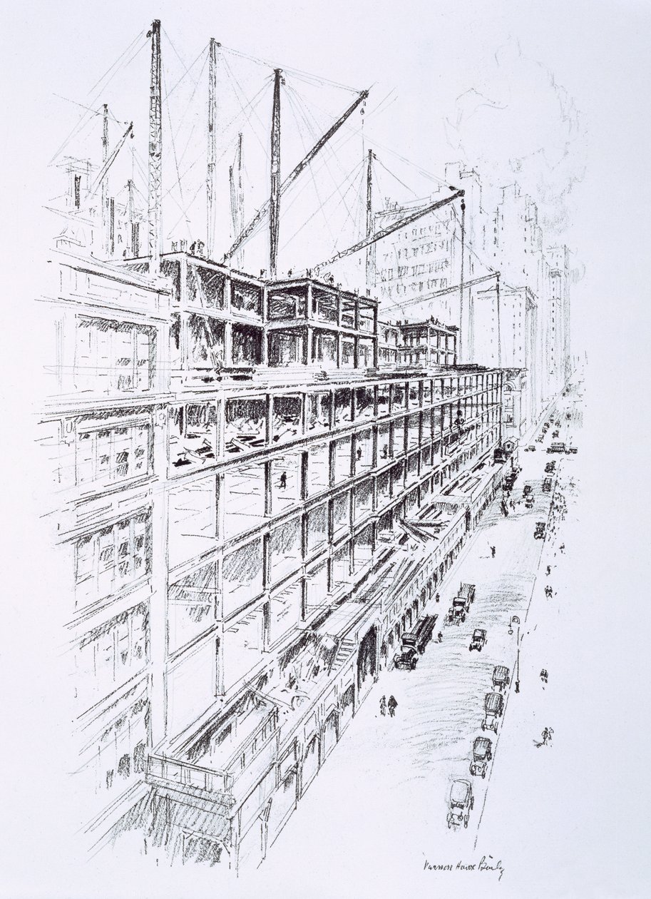 Vista de las grúas de la 8ª planta del Empire State Building, mayo de 1930, publicado por William Edwin Rudge de Vernon Howe Bailey