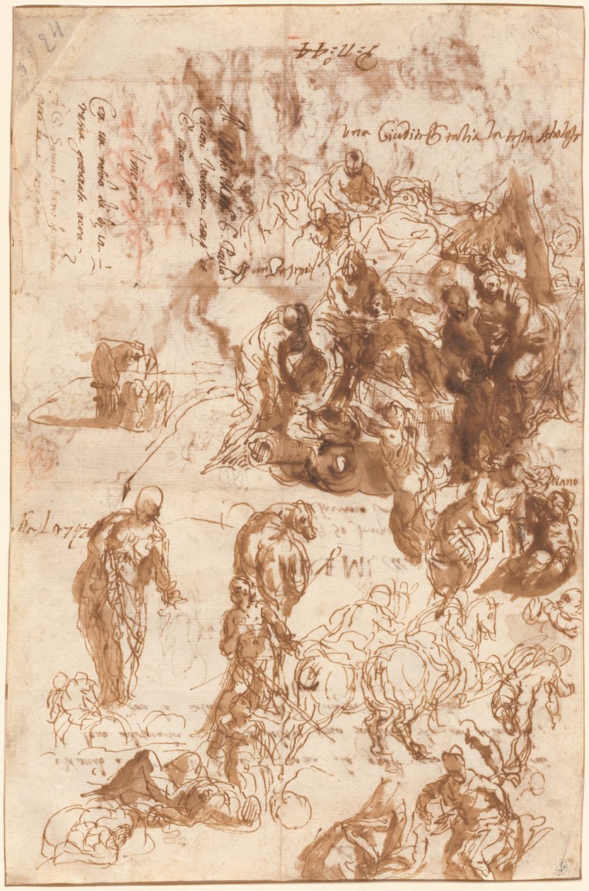 Estudios para Judith y Holofernes, David y Goliat, El hallazgo de Moisés y otros [recto] de Veronese