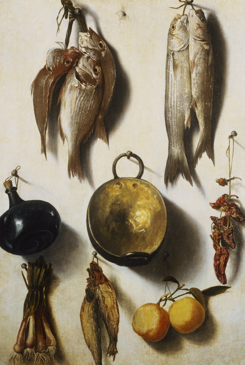 Un trampantojo de pescado, utensilios de cocina, verduras y frutas de Vicente Victoria or Vitoria