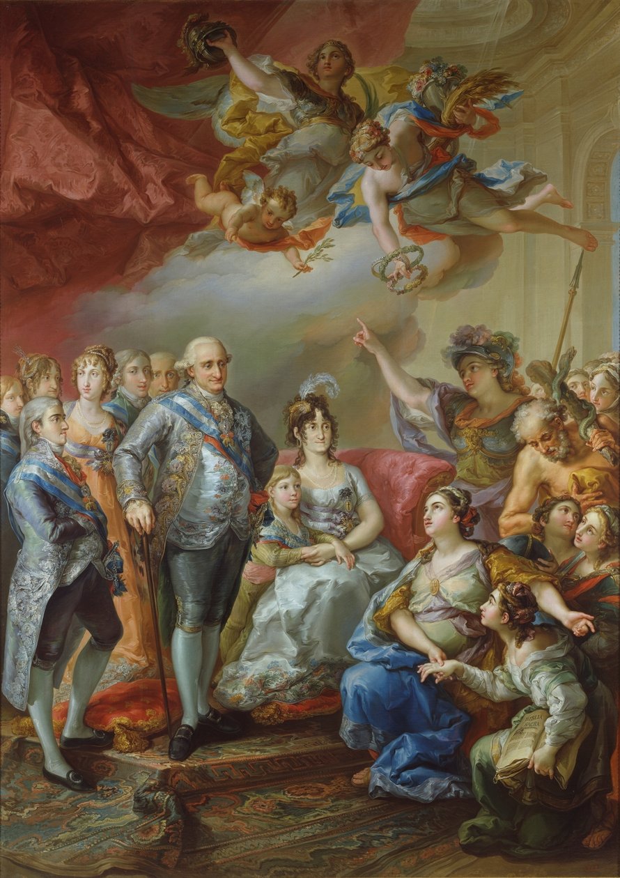 Spanish: Conmemoración de la visita de Carlos IV y su familia a la Universidad de Valencia en 1802. La Universidad Literaria de esa ciudad regaló al monarca este cuadro que muestra a la propia Universidad, encarnada en una joven matrona, presentando a la de Vicente López Portaña