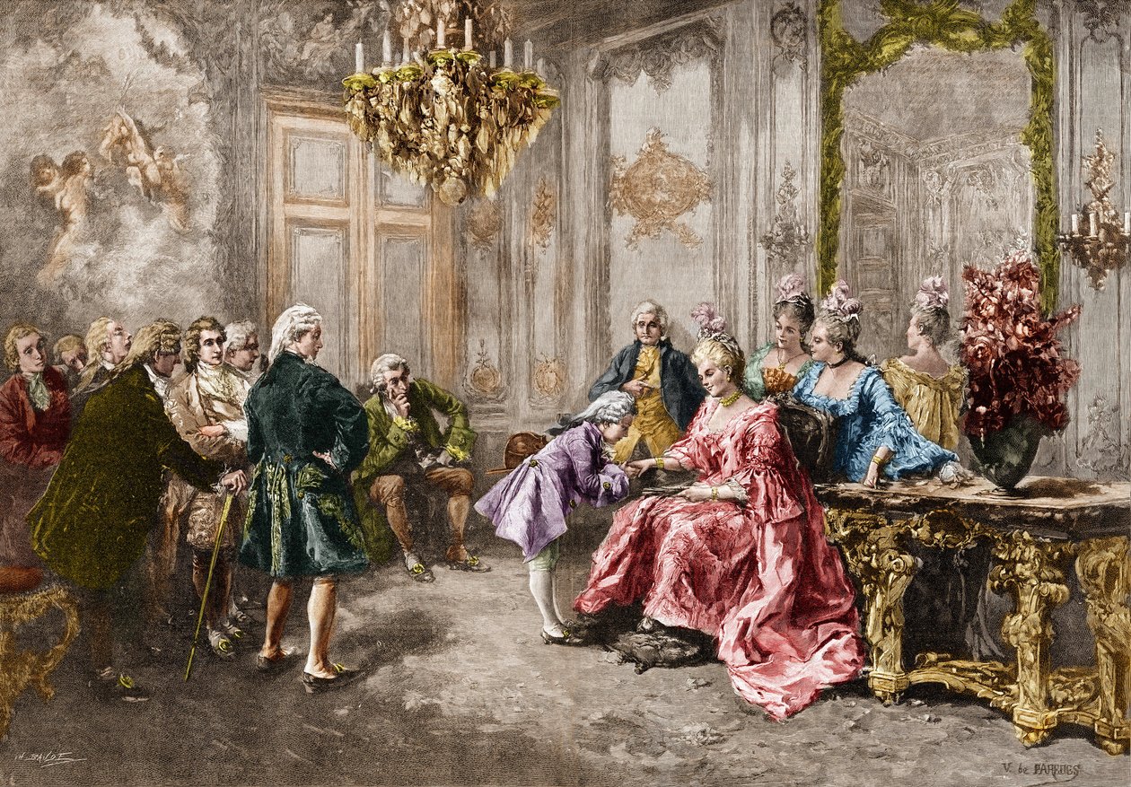 Wolfgang Amadeus Mozart (1756-1791) en casa de Madame (Marquesa) de Pompadour (La familia de Mozart, durante la gira por Europa) (1763-1766). Grabado después de la pintura de M. V. de Paredes de Vicente de (after) Paredes