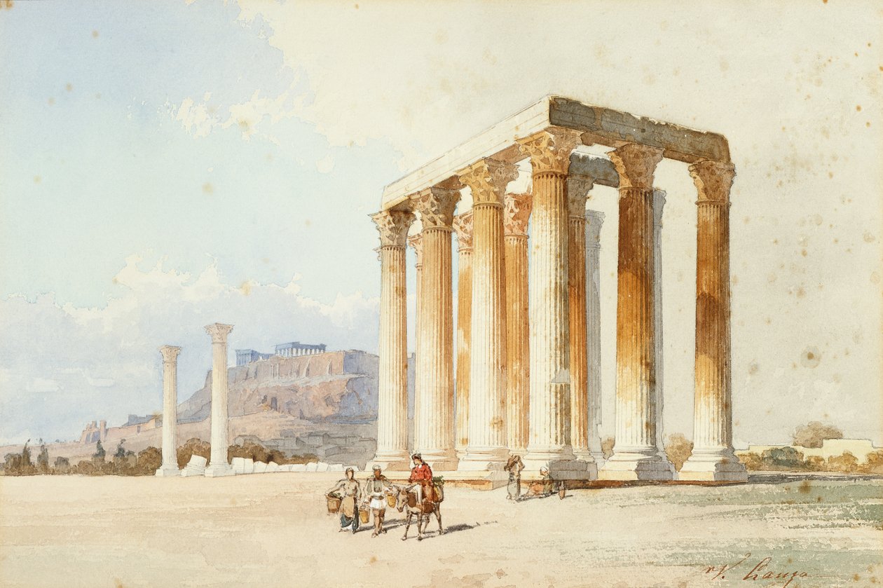 Templo de Zeus con la Acrópolis, Partenón, Atenas (acuarela y acuarela) de Vicenzo Lanza