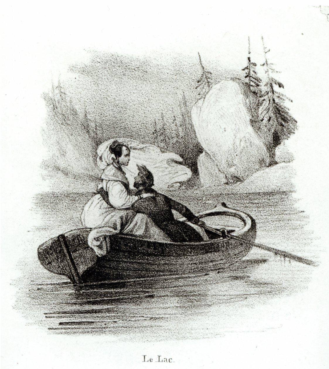 Alphonse de Lamartine (1790-1869) y Elvire en el lago de Bourget, grabado por Alfred Lemercier de Victor Adam