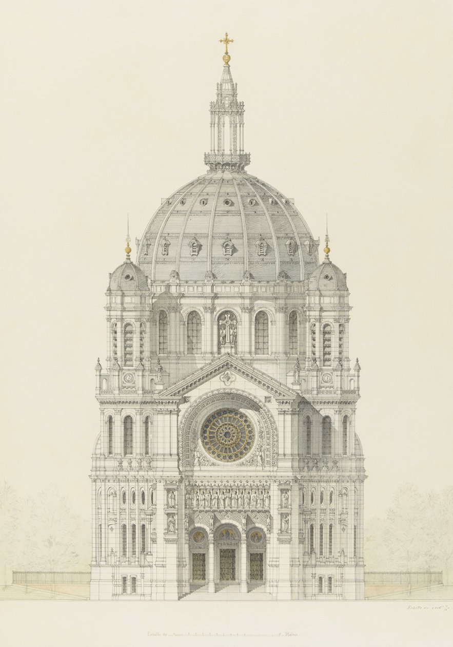 Iglesia de San Agustín, París, elevación de la fachada principal de Victor Baltard