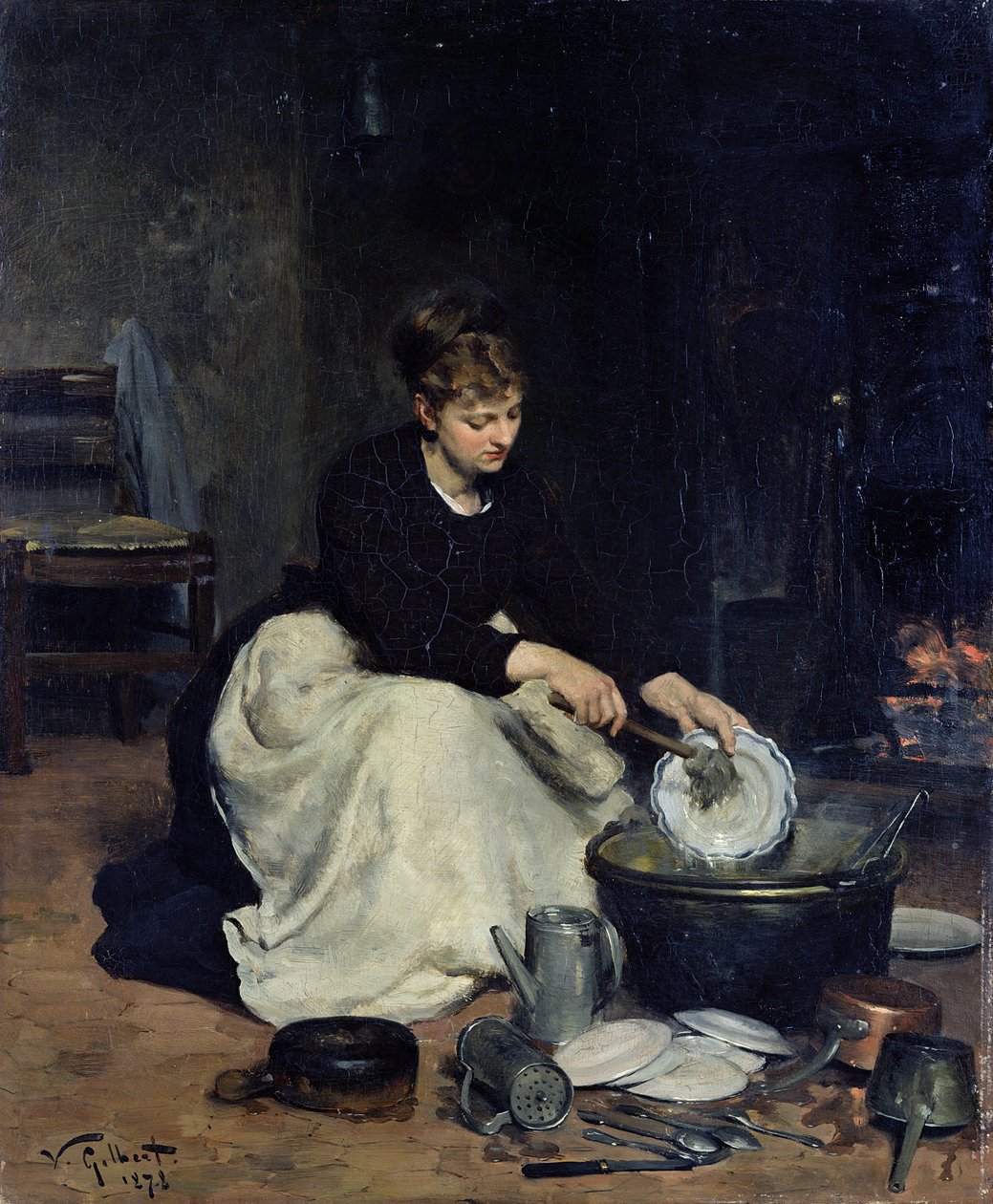 La criada de la cocina lavando los platos de Victor Gabriel Gilbert