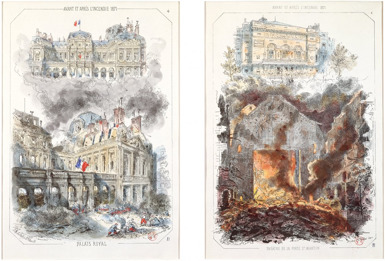El Palais Royal y el Théâtre de la Porte Saint-Martin antes y después del incendio de 1871 de Victor after Coindre
