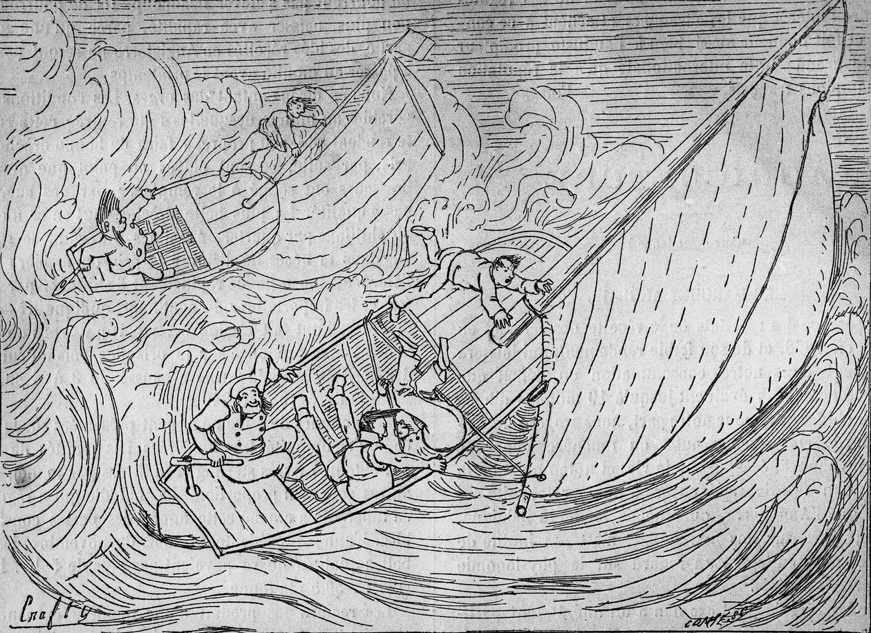 Carreras de vela: dos regatas, el Goëland y el Monitor volcados - extracto del Faro de Kerkamadec - dibujo de Crafty - en “Le Centaure” de Victor  Geruzez