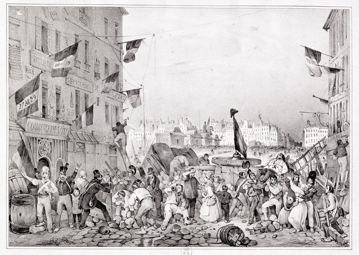 Barricada en la Rue Dauphine, 29 de julio de 1830, grabado por H. Delaporte de Victor Adam