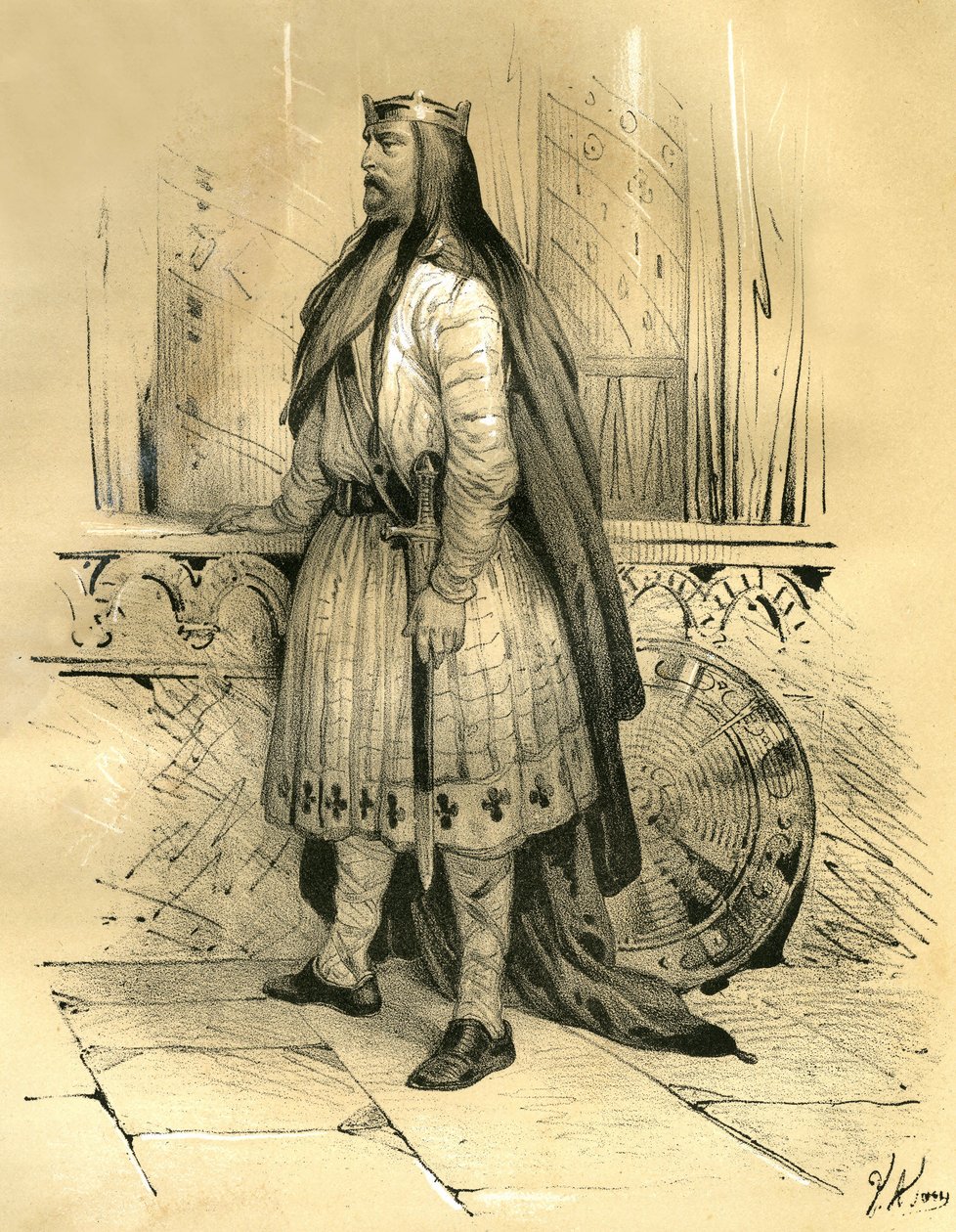 Clodión el Velloso, jefe de los francos salios desde alrededor del año 428 hasta su muerte en 447, probable antepasado de los merovingios. Grabado de Victor Adam (1801-1866) en el libro "Francia en la Edad Media", publicado por los hermanos Ardant a mediad de Victor Adam