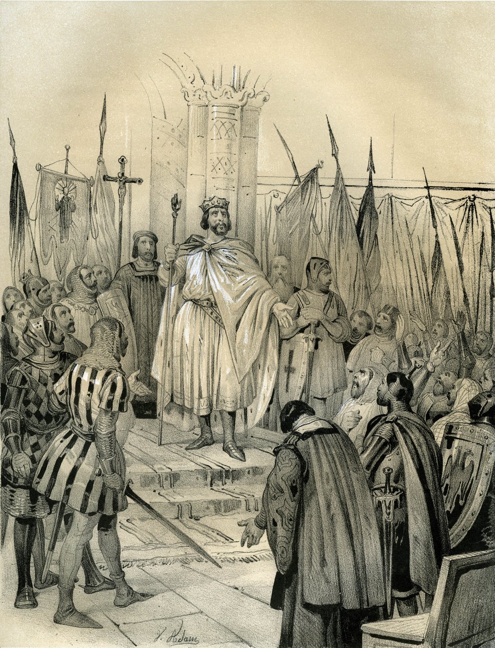Coronación de Hugues Capet (941-996) en Noyon en 987. Esta coronación marcó el inicio de la dinastía de los Capetos, reyes de Francia que reinaron, en sucesión directa o indirecta, durante 8 años. Grabado de Victor Adam (1801-1866) en el libro "France in t de Victor Adam