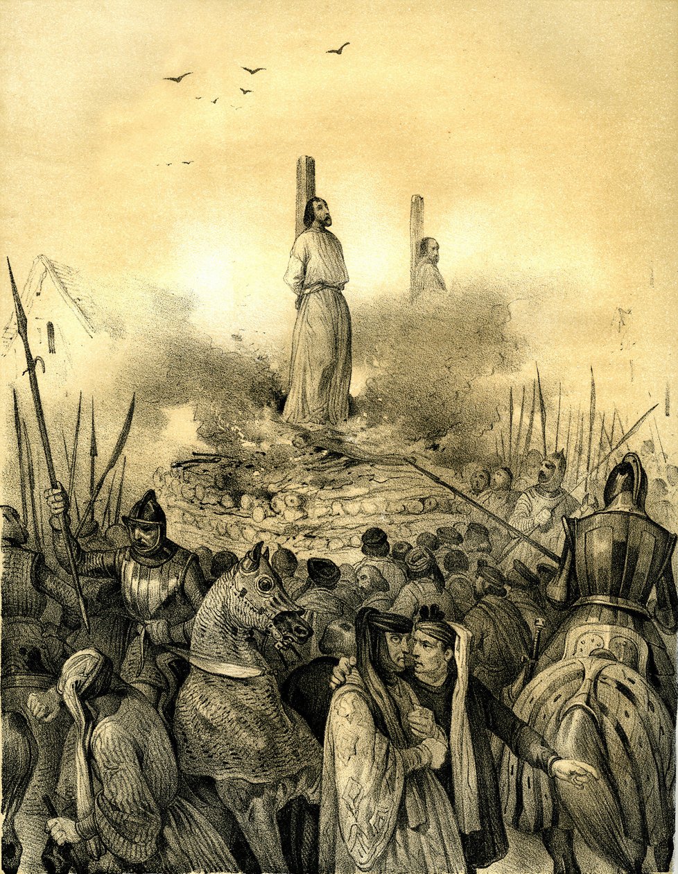 Muerte en la carnicería de Jacques de Molay (Molai) (1243-1314), último gran maestre de la Orden de los Templarios (1298). Philippe le Bel lo hizo arrestar (1307) torturar y encarcelar antes de quemarlo vivo, con el comandante de Normandía, Geoffroy de Cha de Victor Adam