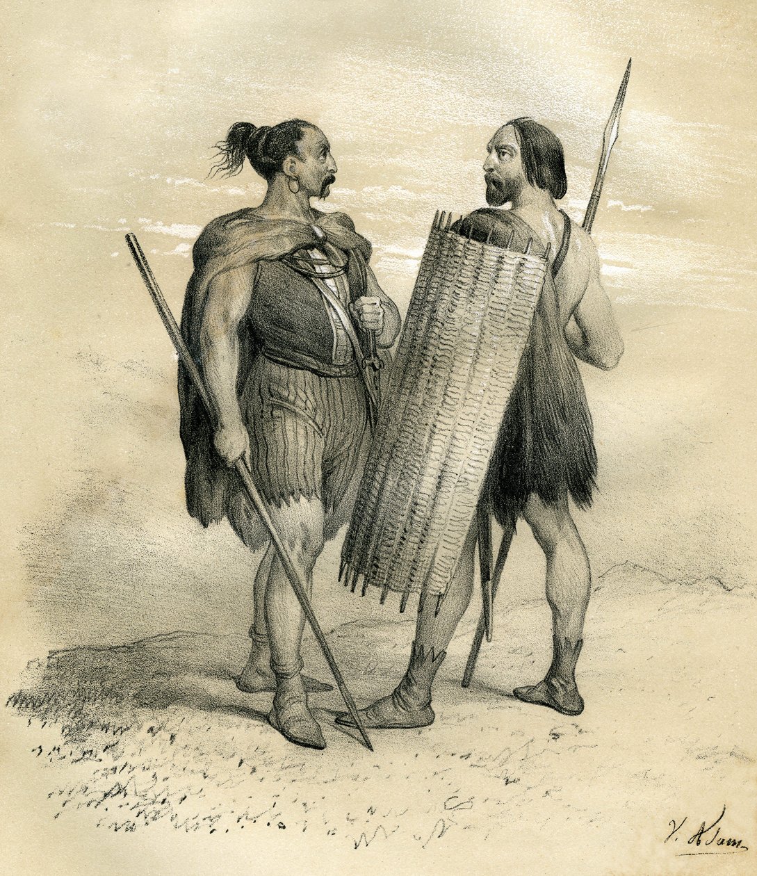 Guerreros francos y sicambres hacia el año 254. Los sicambres eran un pueblo germánico al sur del Lippe, subordinado por los romanos en el siglo VIII e integrado después en el pueblo franco. Grabado de Victor Adam (1801-1866) en el libro "France in t de Victor Adam
