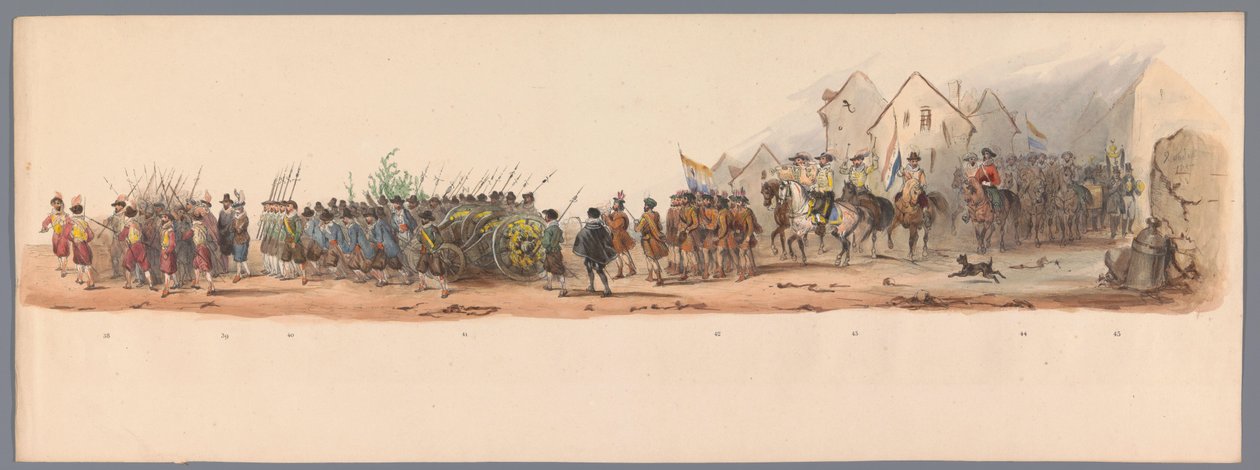 Procesión histórica en el segundo centenario de la Universidad de Ciencias Aplicadas de Utrecht, 1836 (lámina 10) Acercamiento de los ejércitos holandeses a Ostende, 3 de julio de 1600, el día después de la victoria en Nieuwpoort; según la presentación dis de Victor Adam
