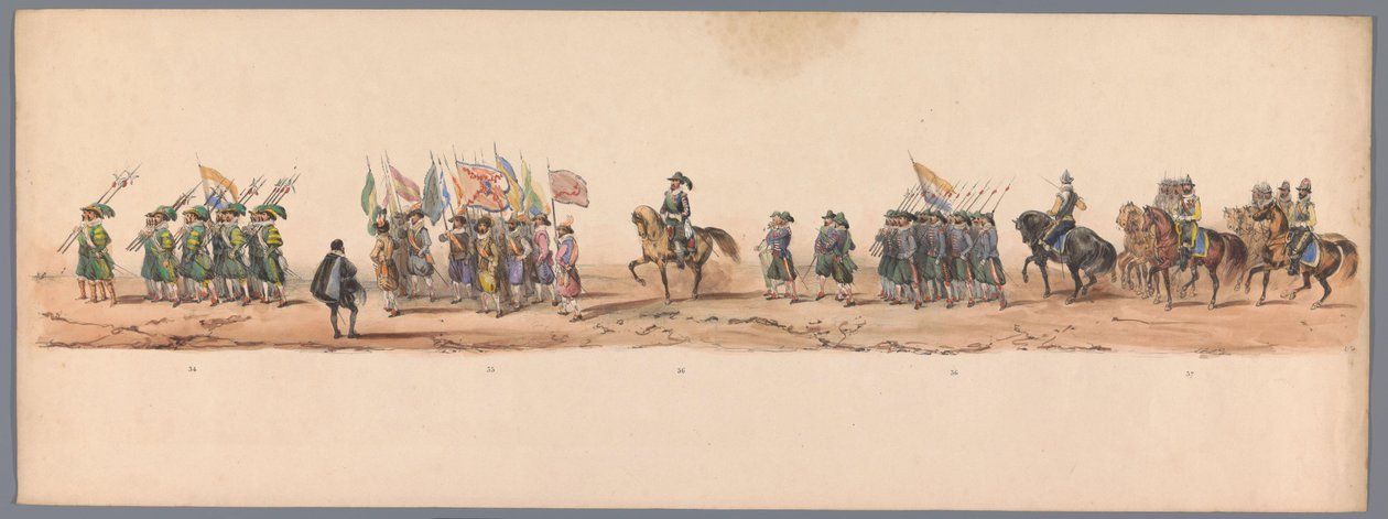 Procesión histórica en el segundo centenario de la Universidad de Ciencias Aplicadas de Utrecht, 1836 (lámina 9) Acercamiento de los ejércitos holandeses a Ostende, 3 de julio de 1600, el día después de la victoria en Nieuwpoort; según la representación di de Victor Adam