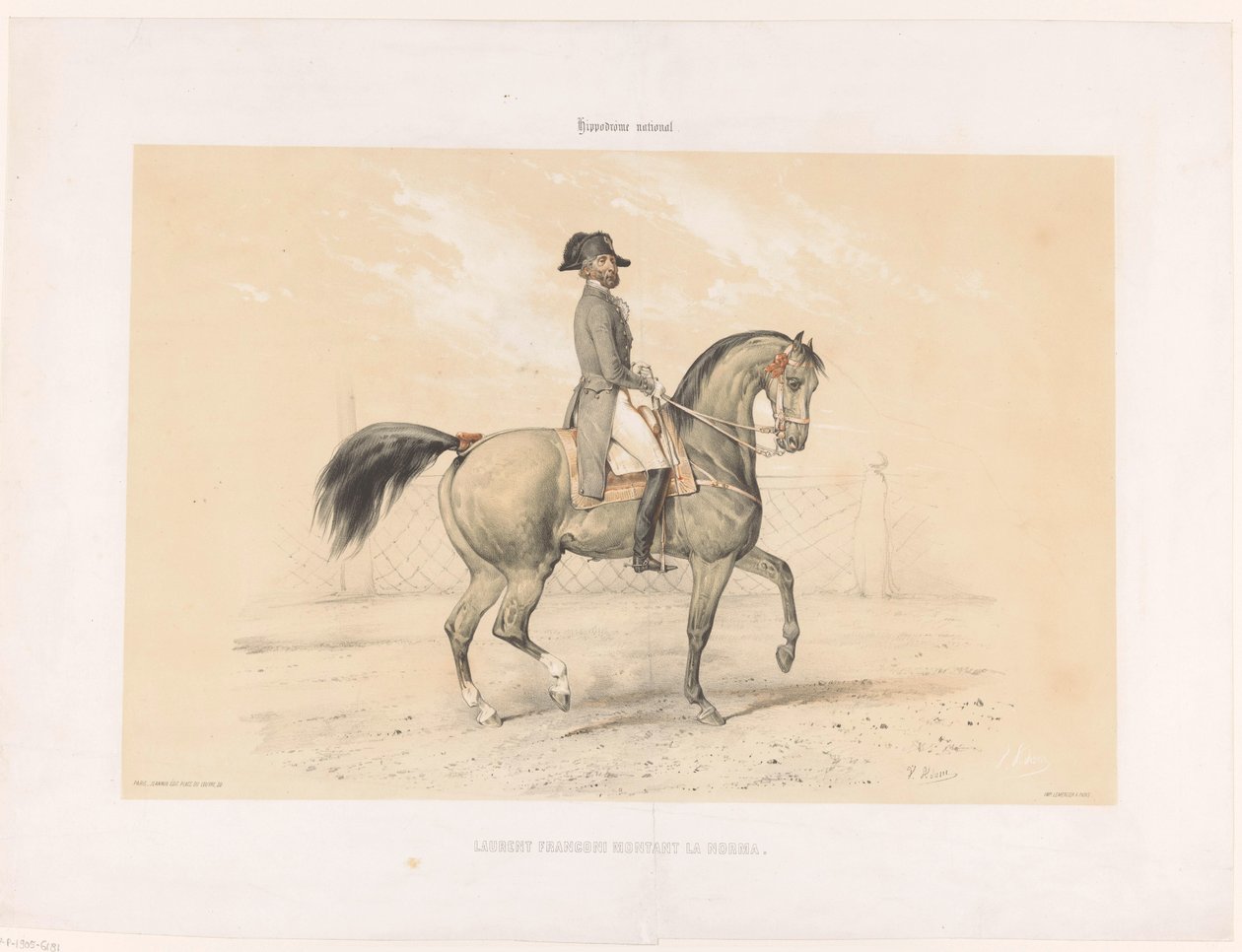 Laurent Franconi montando a su yegua Norma Laurent Franconi Montant la Norma. (título en el objeto) Caballos y jinetes en el hipódromo (título de la serie) Hippodrôme national (título de serie sobre objeto) de Victor Adam