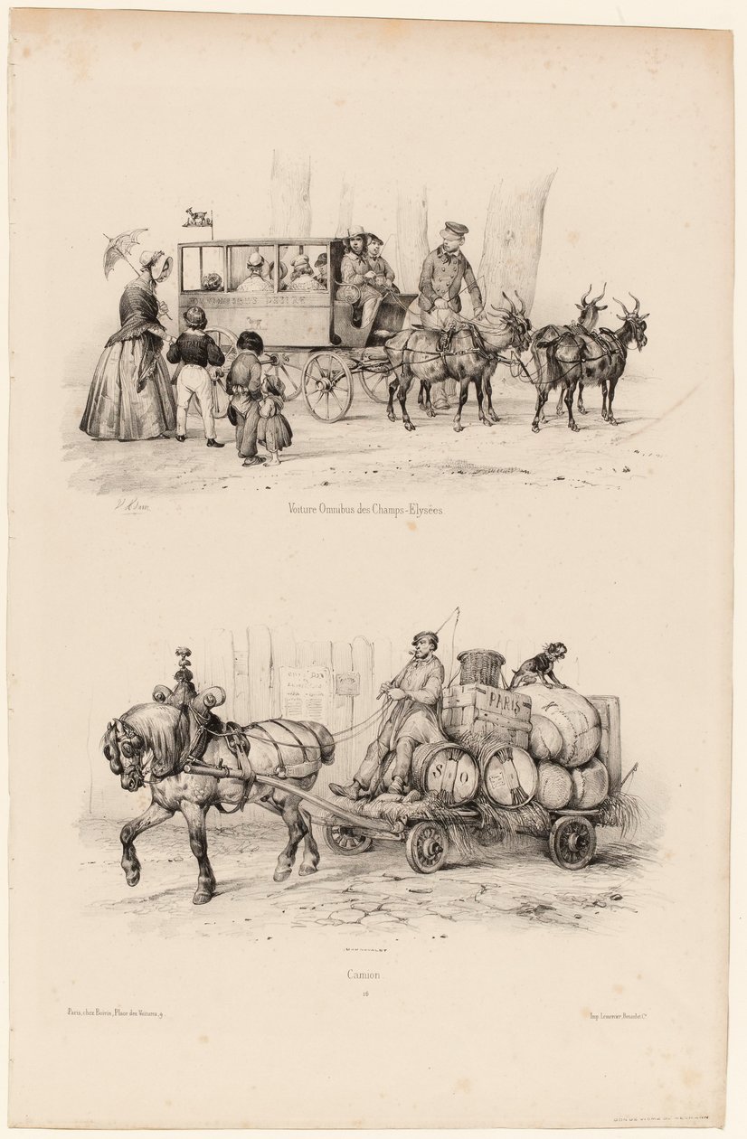 Coche ómnibus en los Campos Elíseos, c.1841-44 (impresión) de Victor Adam