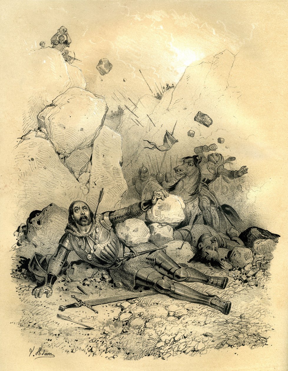 Roldán, conde de la marcha de Bretaña muerto por un destacamento de vascones (vascos) en 778 en el valle de Ronceveaux (Pirineos). Grabado de Victor Adam (1801-1866) en el libro "Francia en la Edad Media" publicado por los hermanos Ardant a mediados del si de Victor Adam