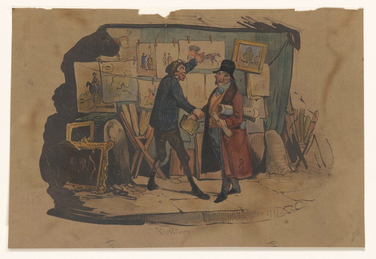 Un vendedor ambulante con un puesto lleno de arte detiene a un hombre de Victor Adam