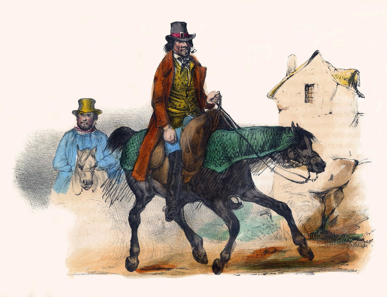 El comerciante de ganado trotando calculando su beneficio. En "Album Grotesque, Choices of Outstanding Types", ilustraciones de Victor Adam, París, circa 1850. de Victor Adam