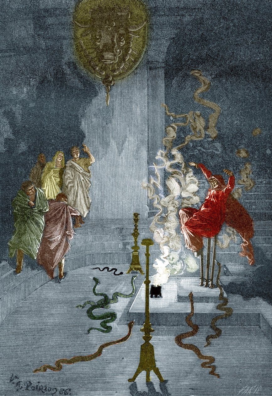 Antigua Grecia: "Representación de la Pitia, sacerdotisa en el Templo de Apolo en la antigua Grecia" Grabado de "Los Misterios de la Ciencia" de Louis Figuier, Colección Privada de Victor Armand Poirson