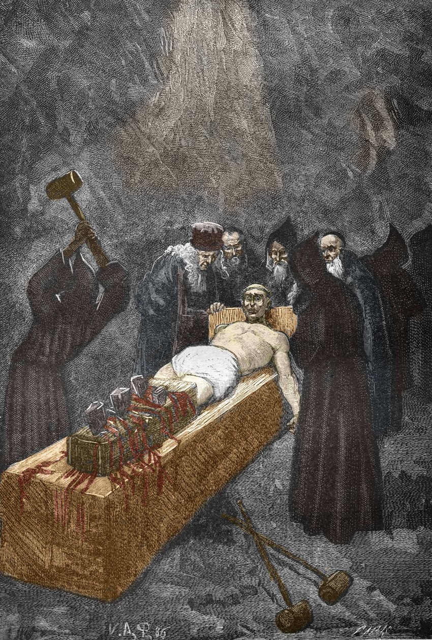 Caso de los Posssedes de Loudun (demonios de Loudun) hacia 1630: caza de brujas, el sacerdote francés Urbain Grandier (1590-1634) que supuestamente hizo un pacto con el diablo y acusa de haber embrujado a monjas, es torturado para bordar - (Urbain Grandier de Victor Armand Poirson